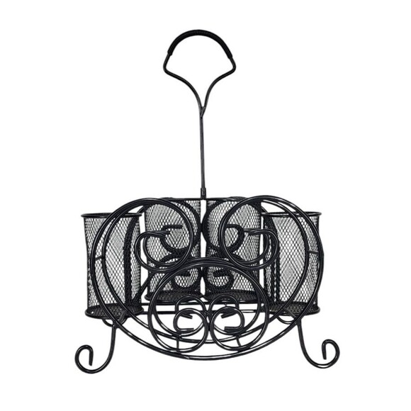 Vintage Black Metal Mesh Scroll Tabletop Utensil Napkin Buffet Caddy Organizer - Picture 13 of 14